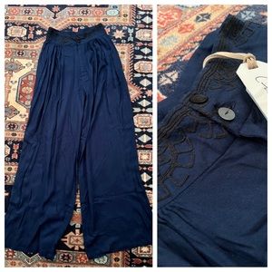 NWT Cleobella navy embroidered flowy wide leg pants resort S super high rise